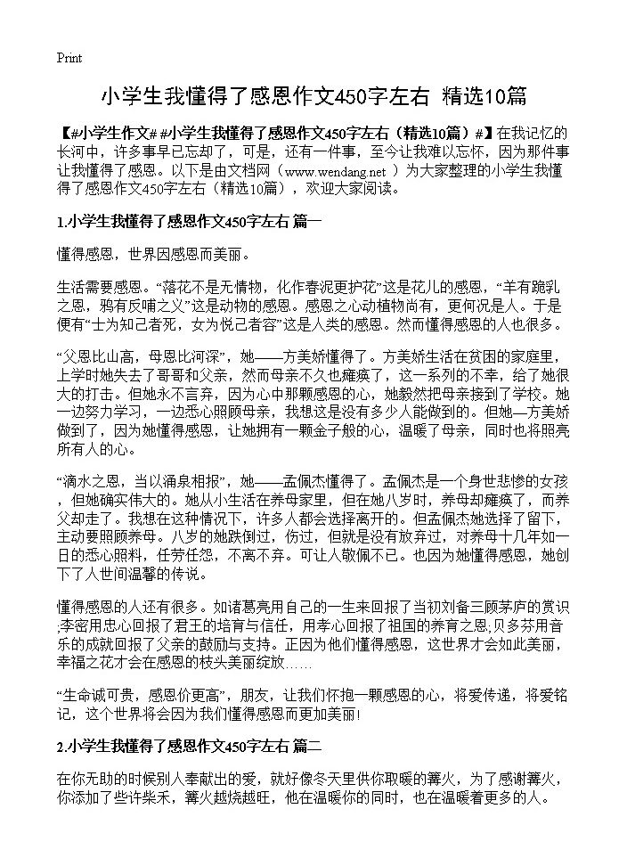 小学生我懂得了感恩作文450字左右10篇