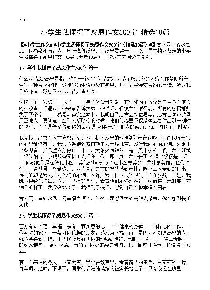 小学生我懂得了感恩作文500字10篇