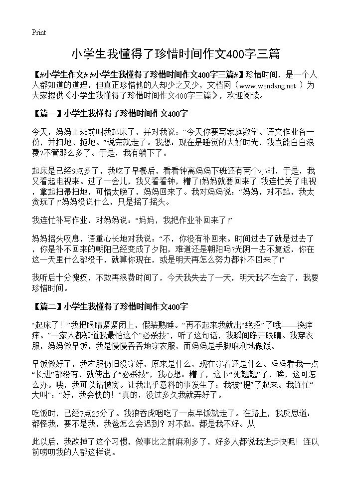 小学生我懂得了珍惜时间作文400字三篇