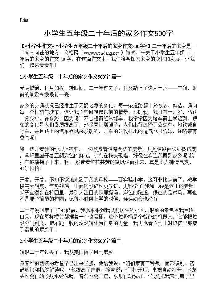 小学生五年级二十年后的家乡作文500字