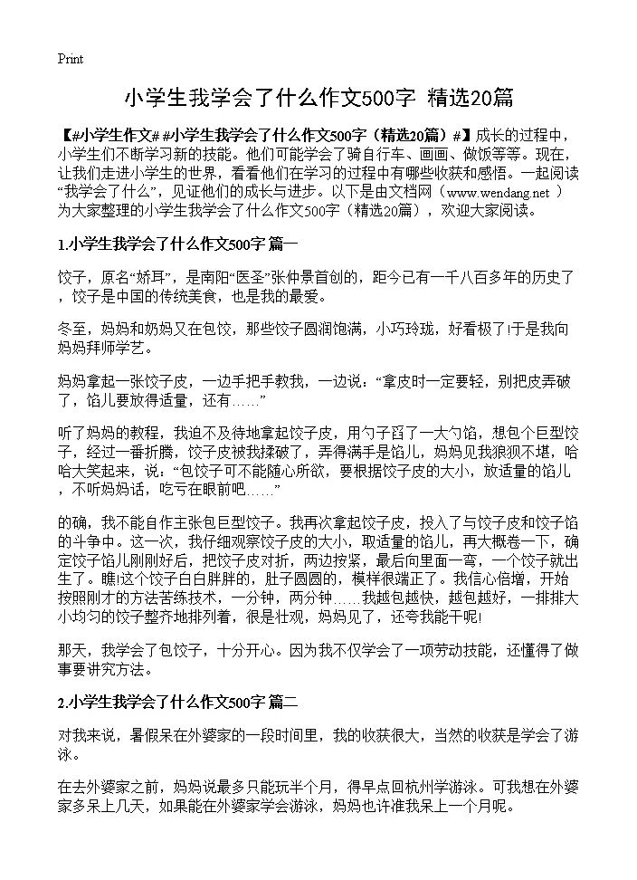 小学生我学会了什么作文500字20篇