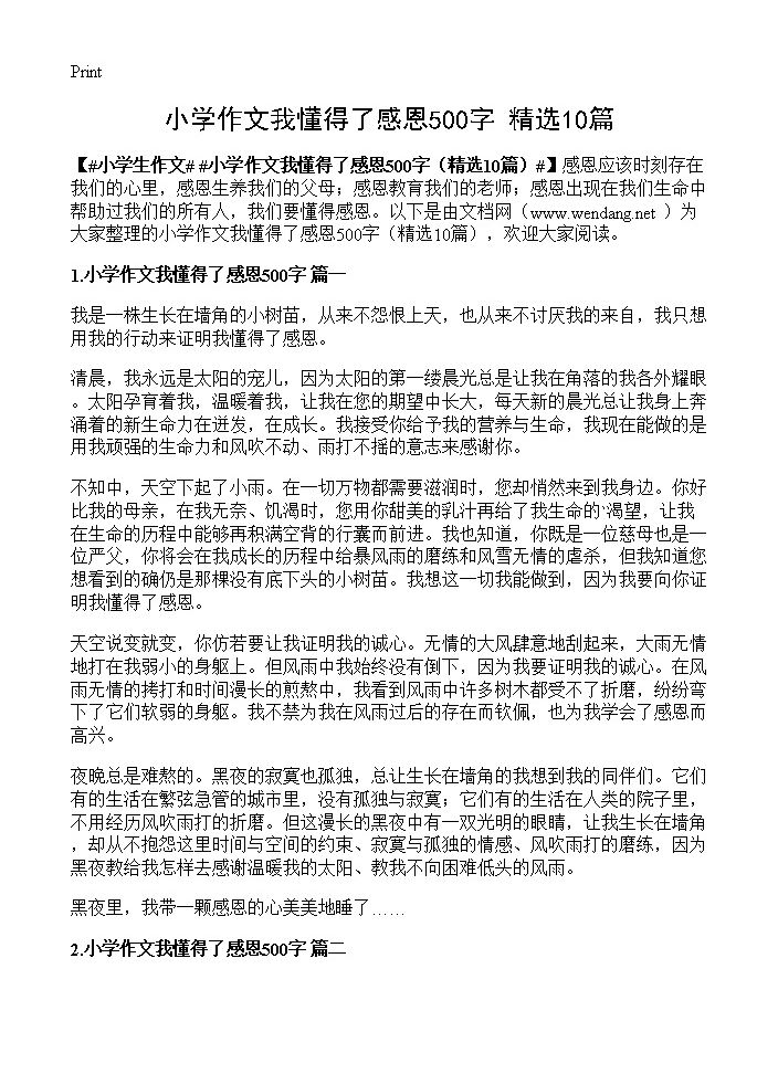 小学作文我懂得了感恩500字10篇