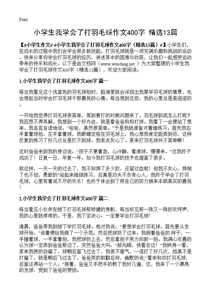 小学生我学会了打羽毛球作文400字13篇