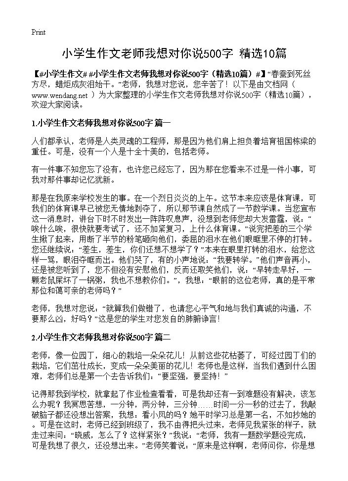 小学生作文老师我想对你说500字10篇