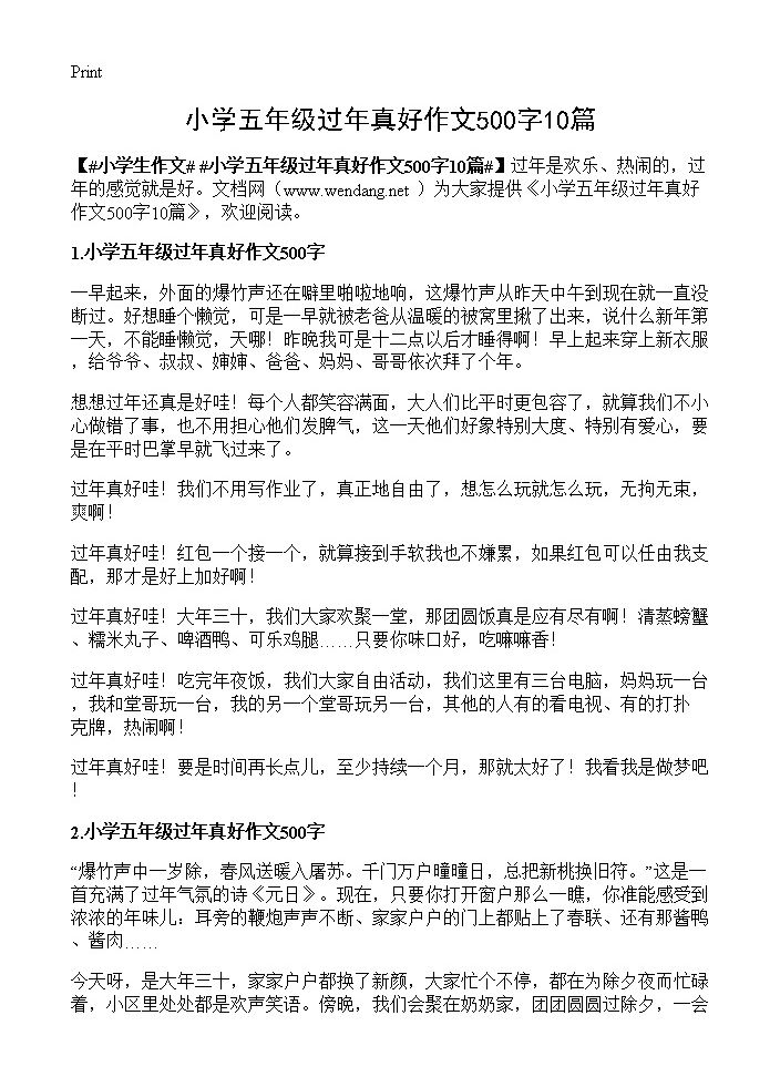 小学五年级过年真好作文500字10篇