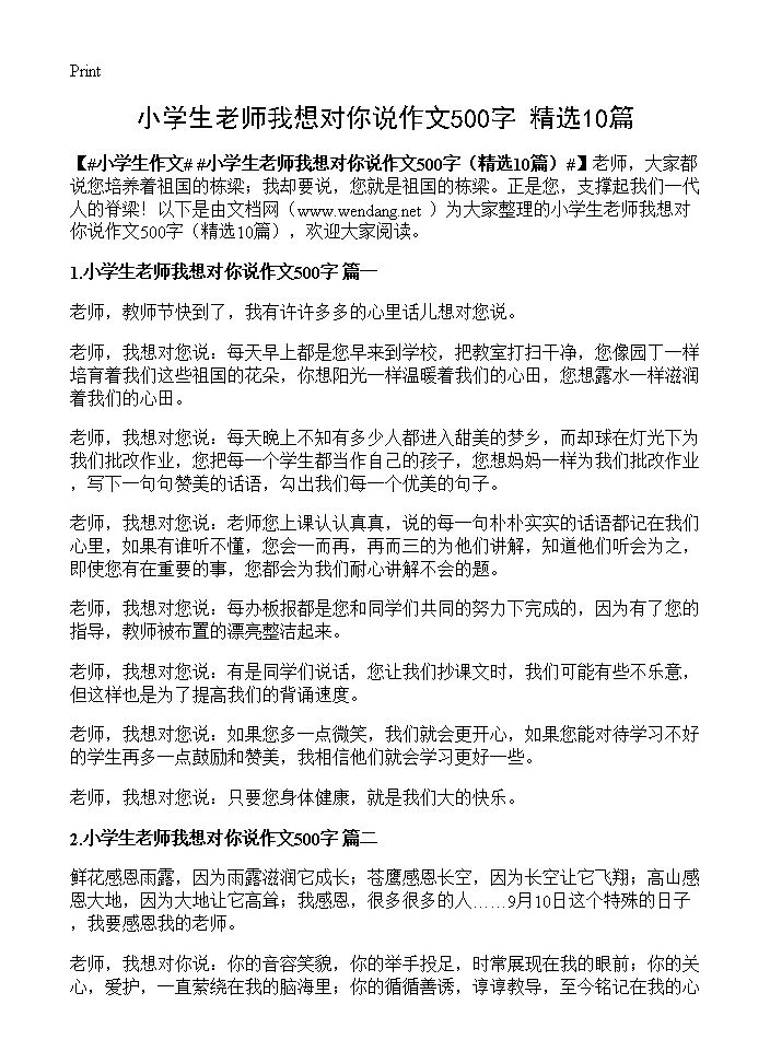 小学生老师我想对你说作文500字10篇