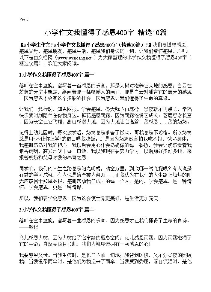 小学作文我懂得了感恩400字10篇