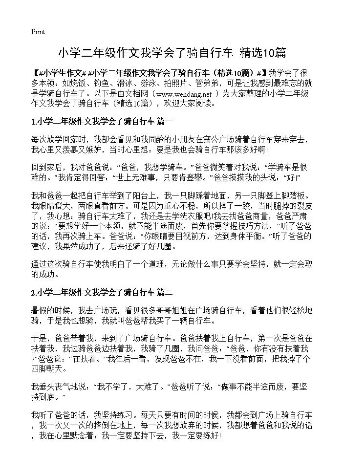 小学二年级作文我学会了骑自行车10篇