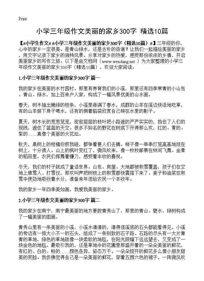 小学三年级作文美丽的家乡300字10篇