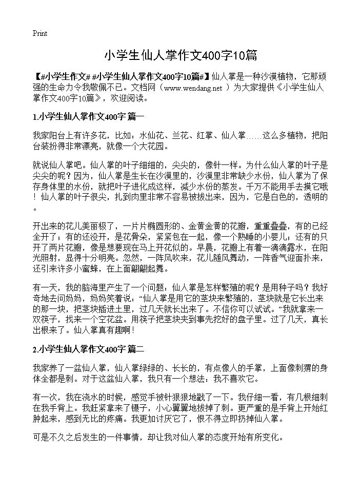 小学生仙人掌作文400字10篇