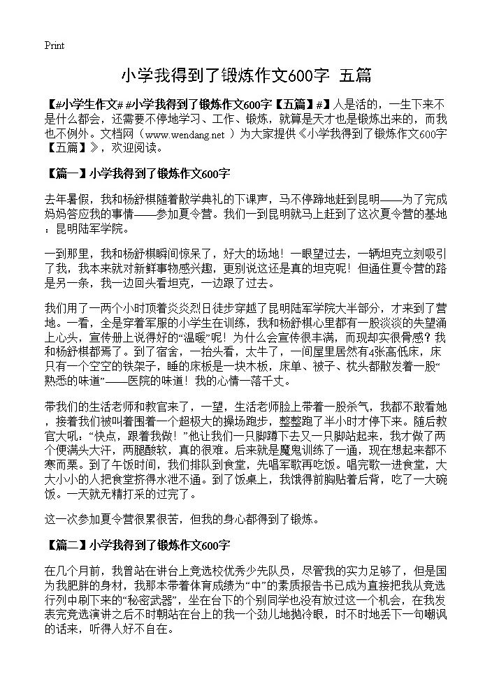 小学我得到了锻炼作文600字