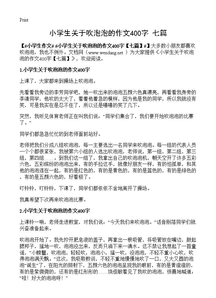 小学生关于吹泡泡的作文400字