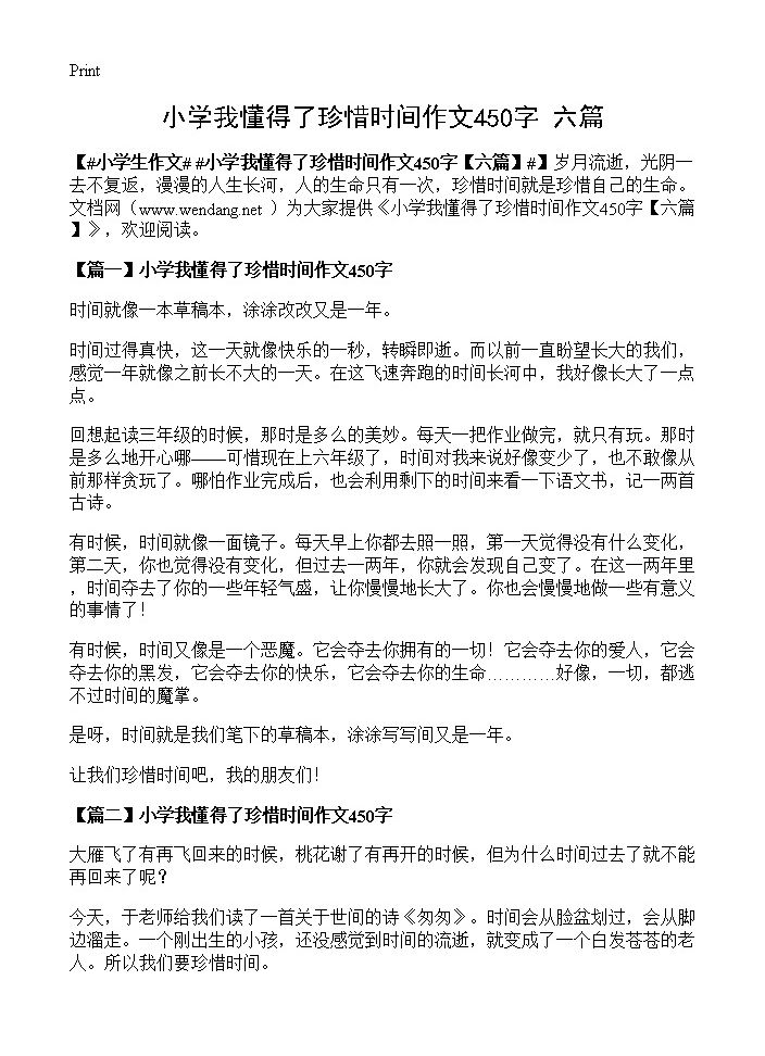 小学我懂得了珍惜时间作文450字