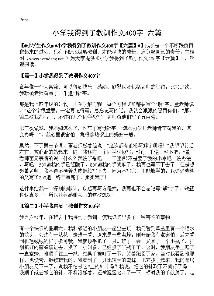 小学我得到了教训作文400字