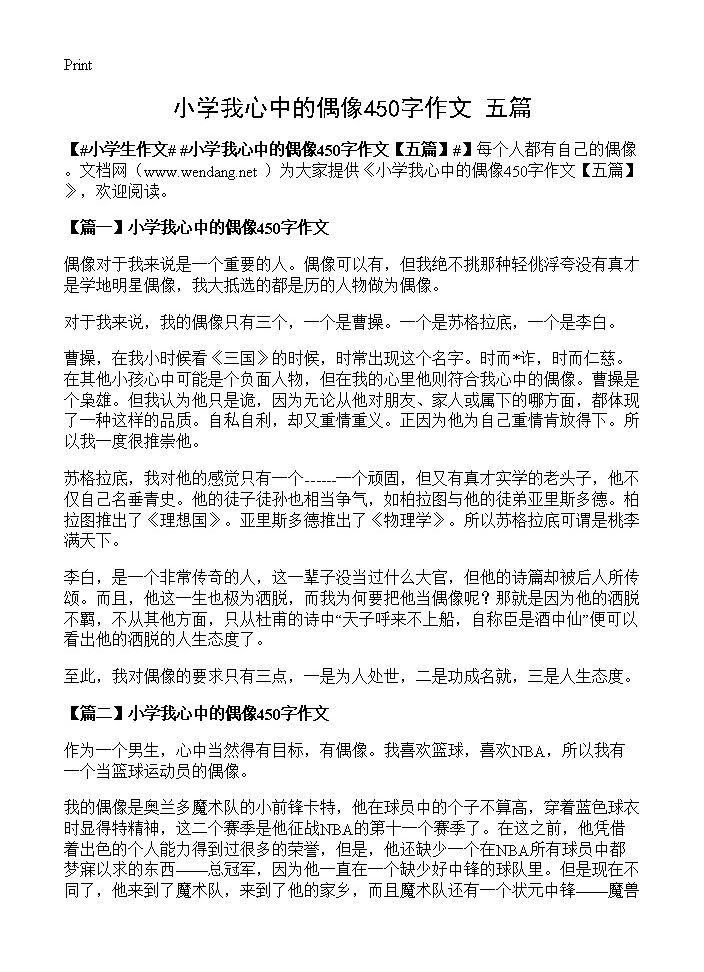 小学我心中的偶像450字作文