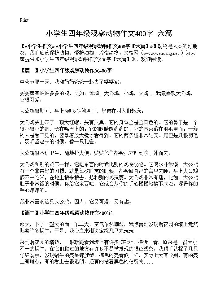 小学生四年级观察动物作文400字