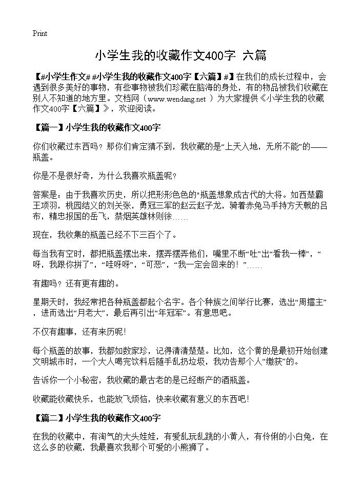 小学生我的收藏作文400字