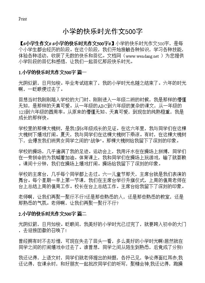 小学的快乐时光作文500字