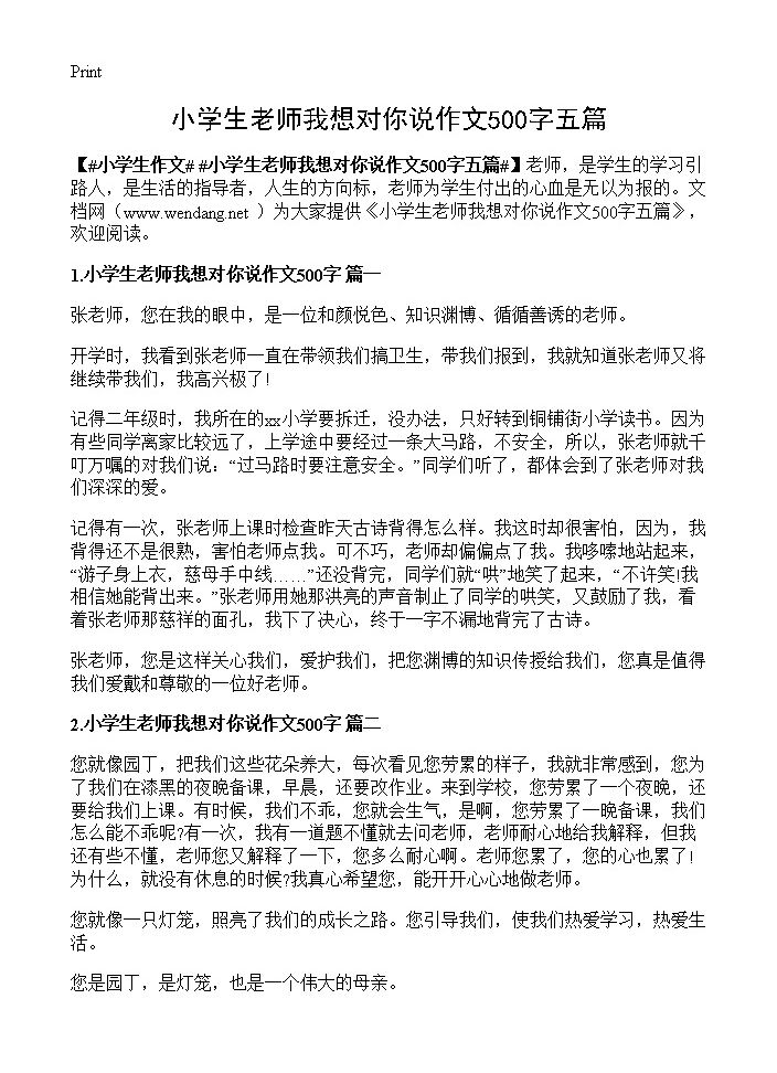 小学生老师我想对你说作文500字五篇