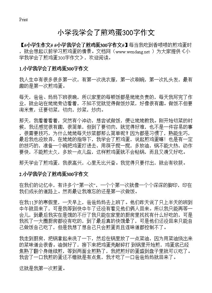 小学我学会了煎鸡蛋300字作文