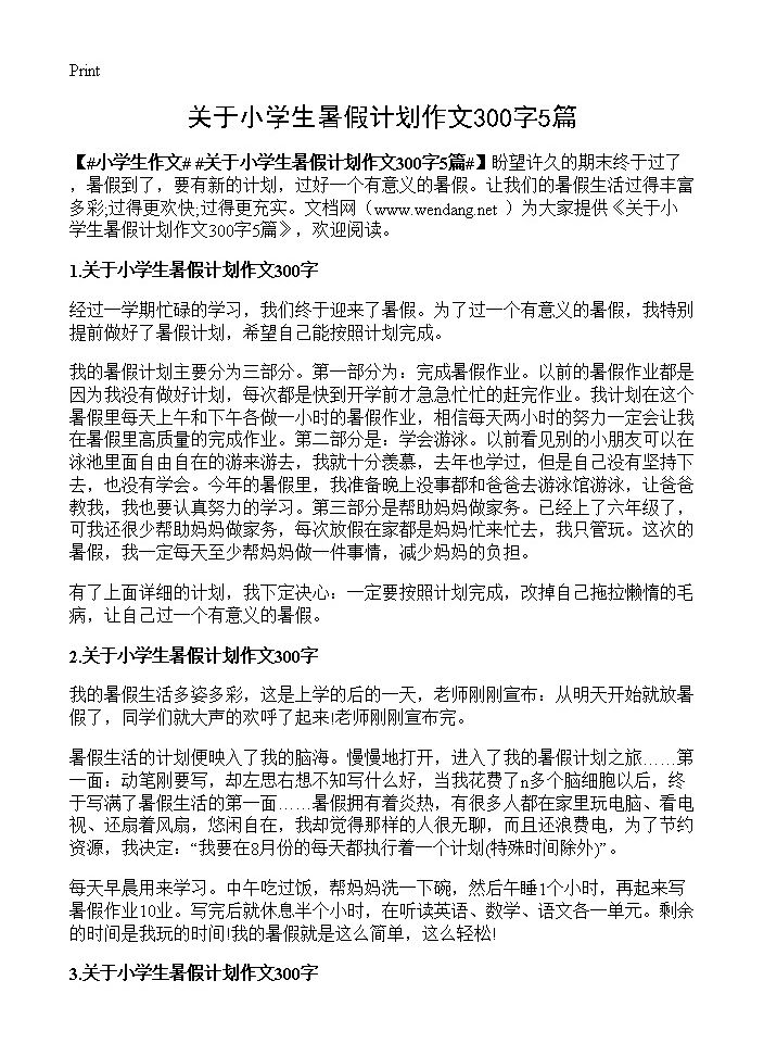 关于小学生暑假计划作文300字5篇