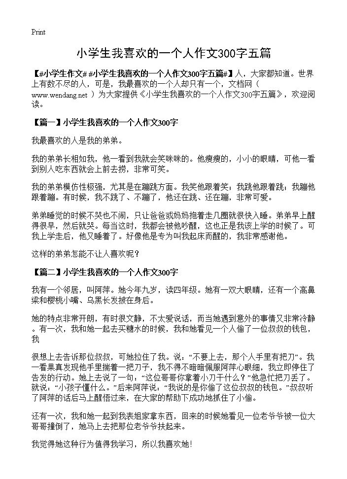 小学生我喜欢的一个人作文300字五篇