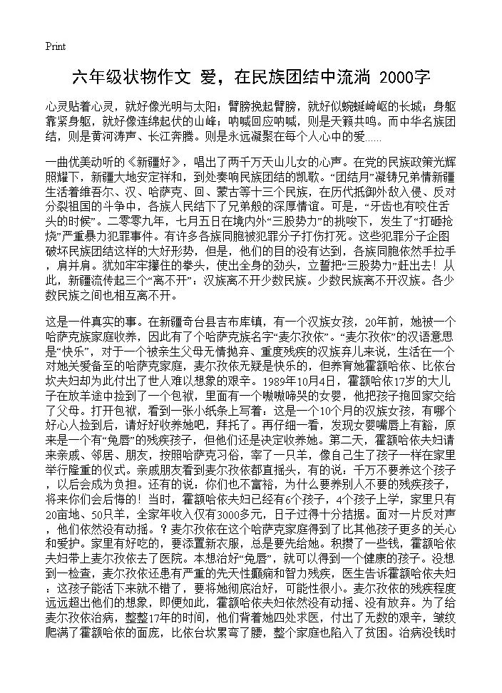 六年级状物作文 爱，在民族团结中流淌 2000字