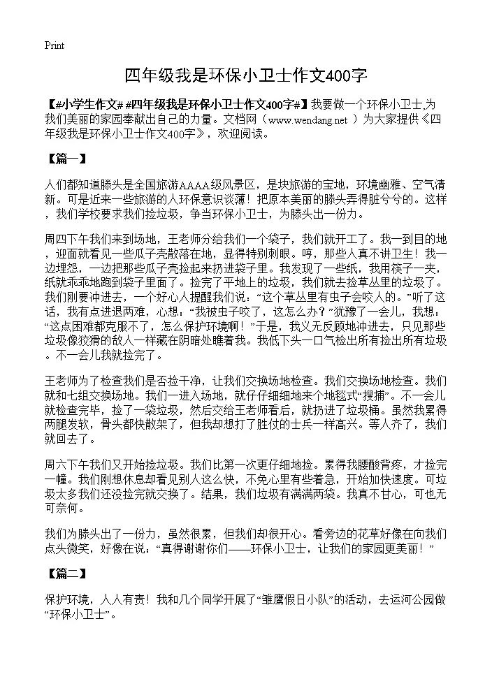 四年级我是环保小卫士作文400字