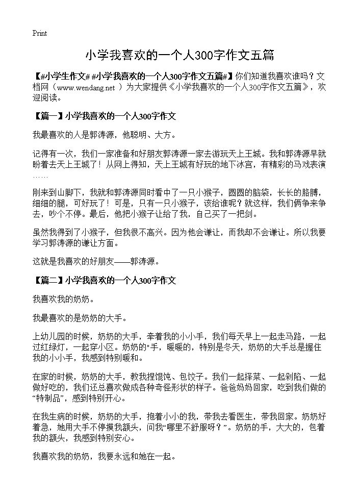 小学我喜欢的一个人300字作文五篇