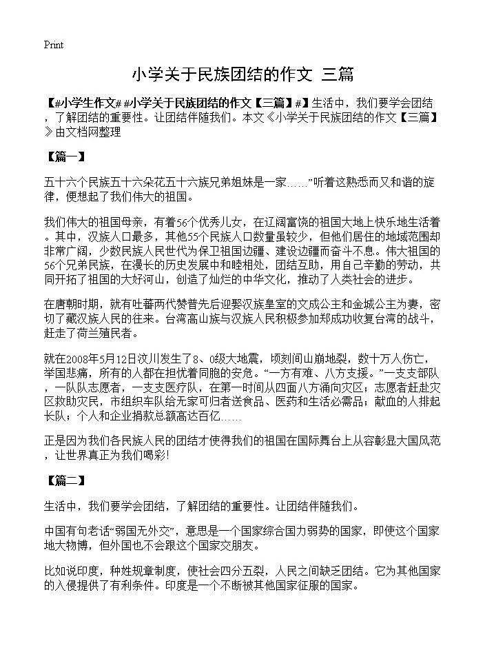 小学关于民族团结的作文