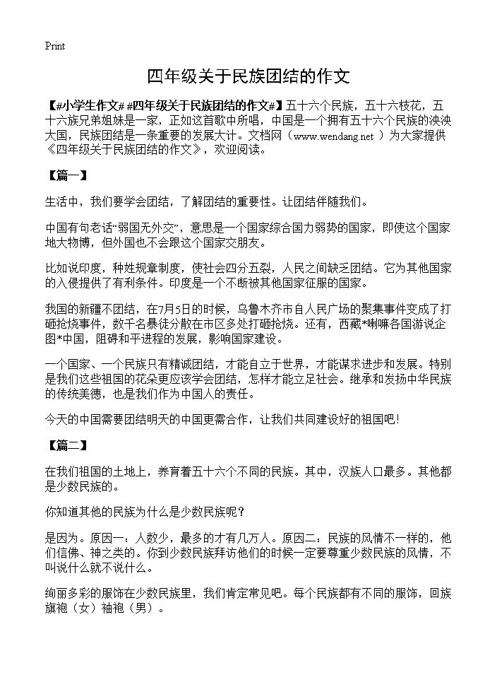 四年级关于民族团结的作文