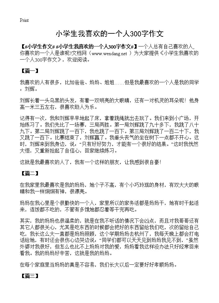 小学生我喜欢的一个人300字作文