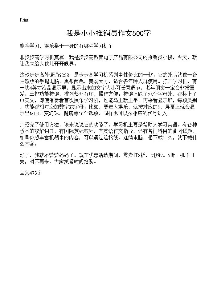 我是小小推销员作文500字