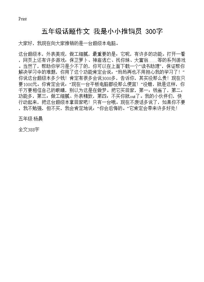 五年级话题作文 我是小小推销员 300字