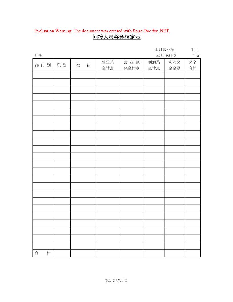 第三节 间接人员奖金核定表