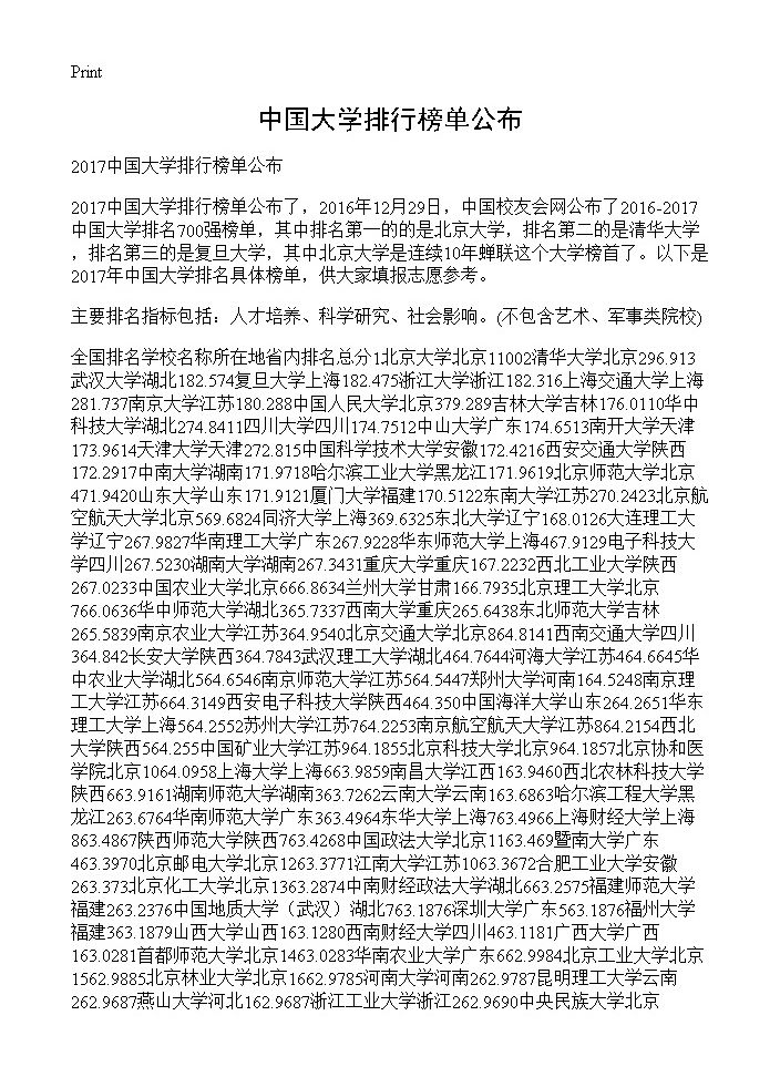 中国大学排行榜单公布