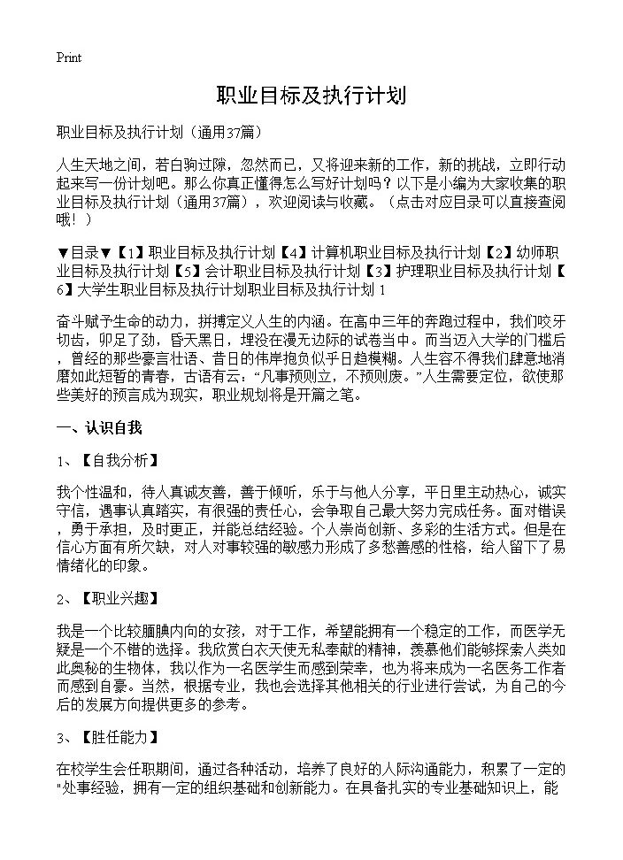 职业目标及执行计划37篇