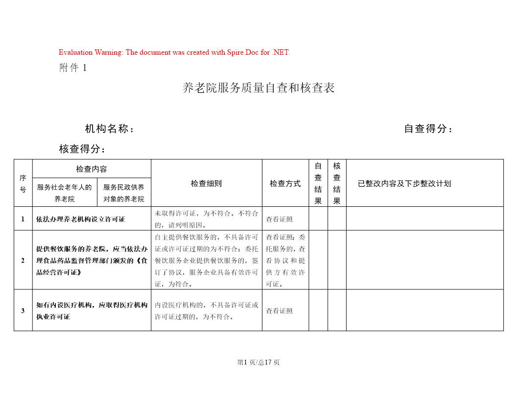 养老院服务质量自查和核查表