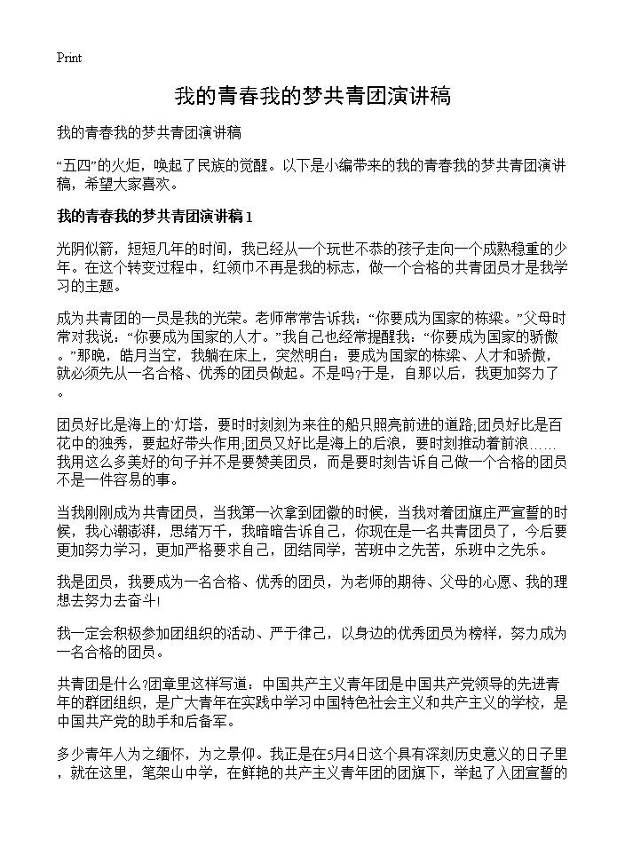 我的青春我的梦共青团演讲稿