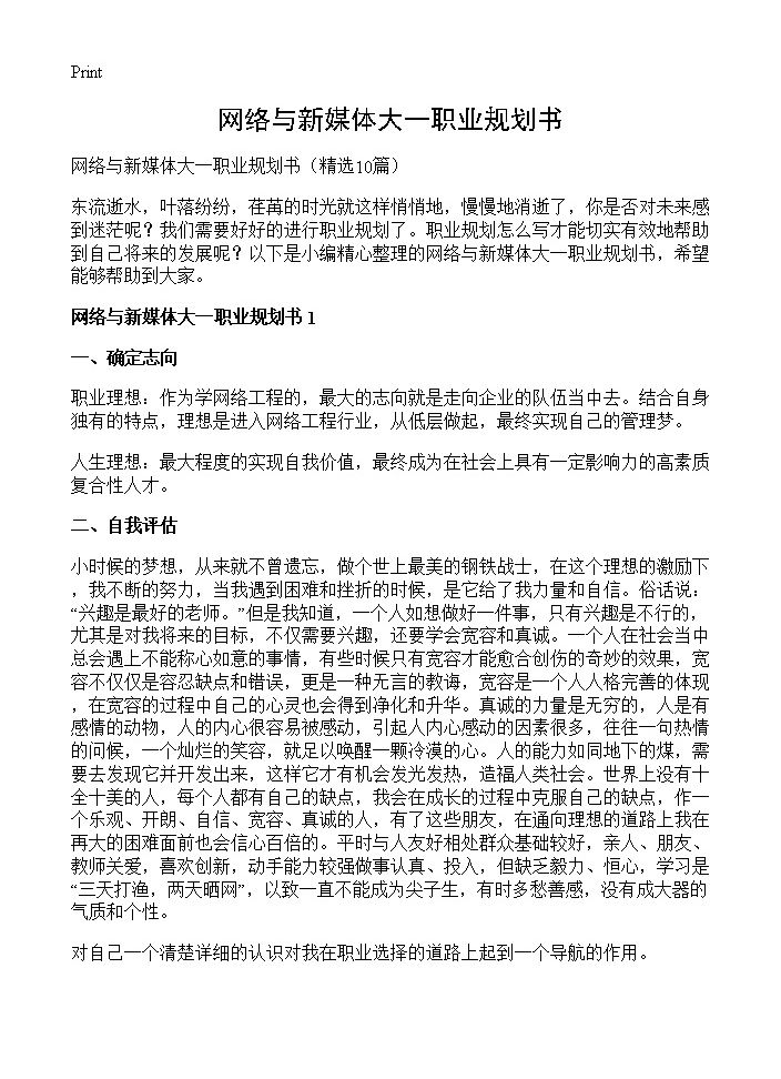 网络与新媒体大一职业规划书10篇