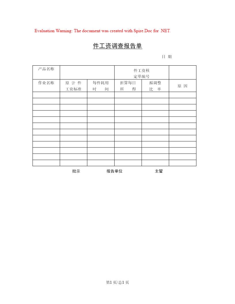 计件工资调查报告单