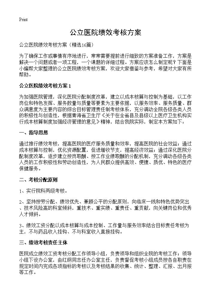 公立医院绩效考核方案16篇