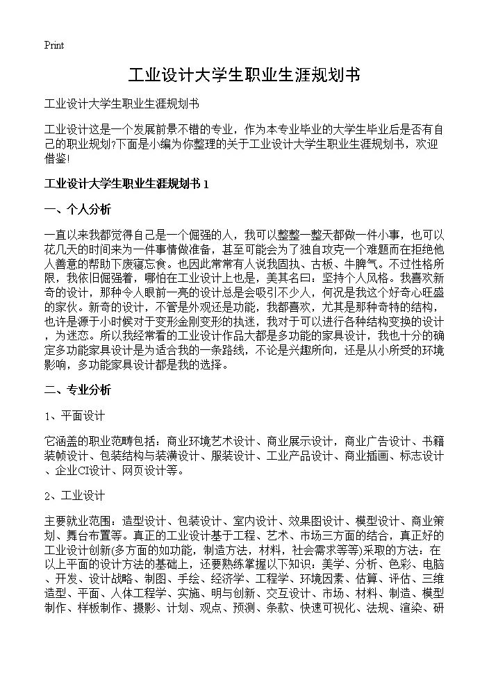 工业设计大学生职业生涯规划书