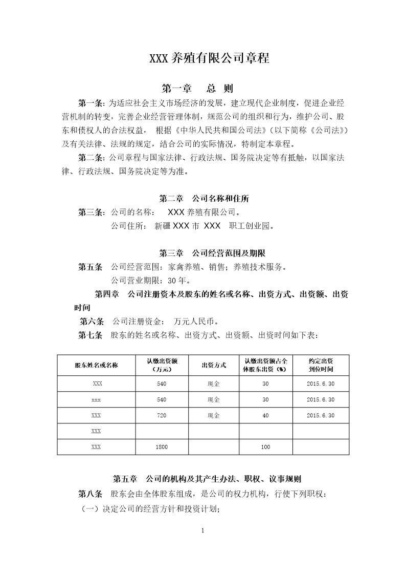 养殖有限公司章程