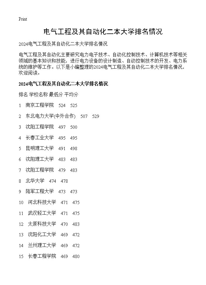 电气工程及其自动化二本大学排名情况