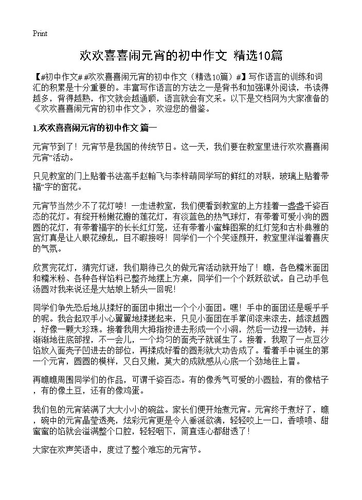 欢欢喜喜闹元宵的初中作文10篇