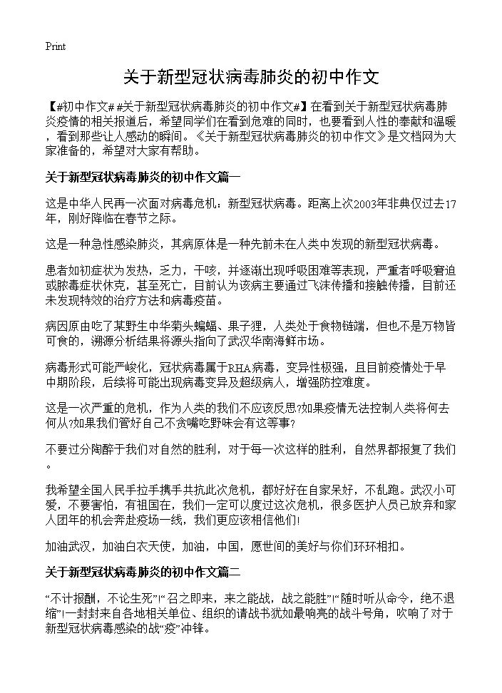 关于新型冠状病毒肺炎的初中作文