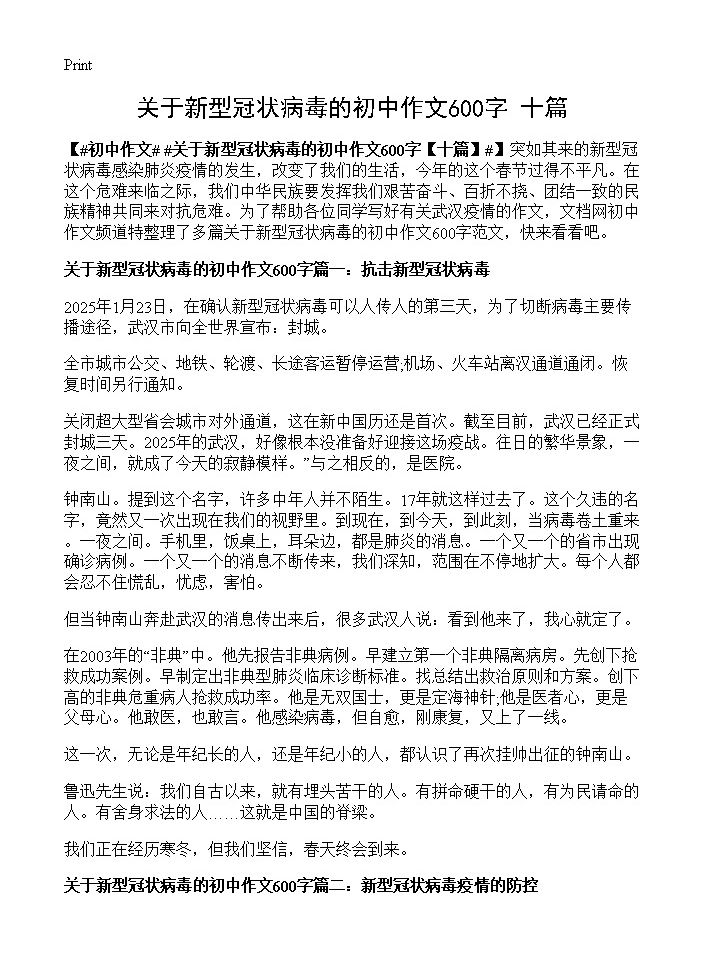 关于新型冠状病毒的初中作文600字