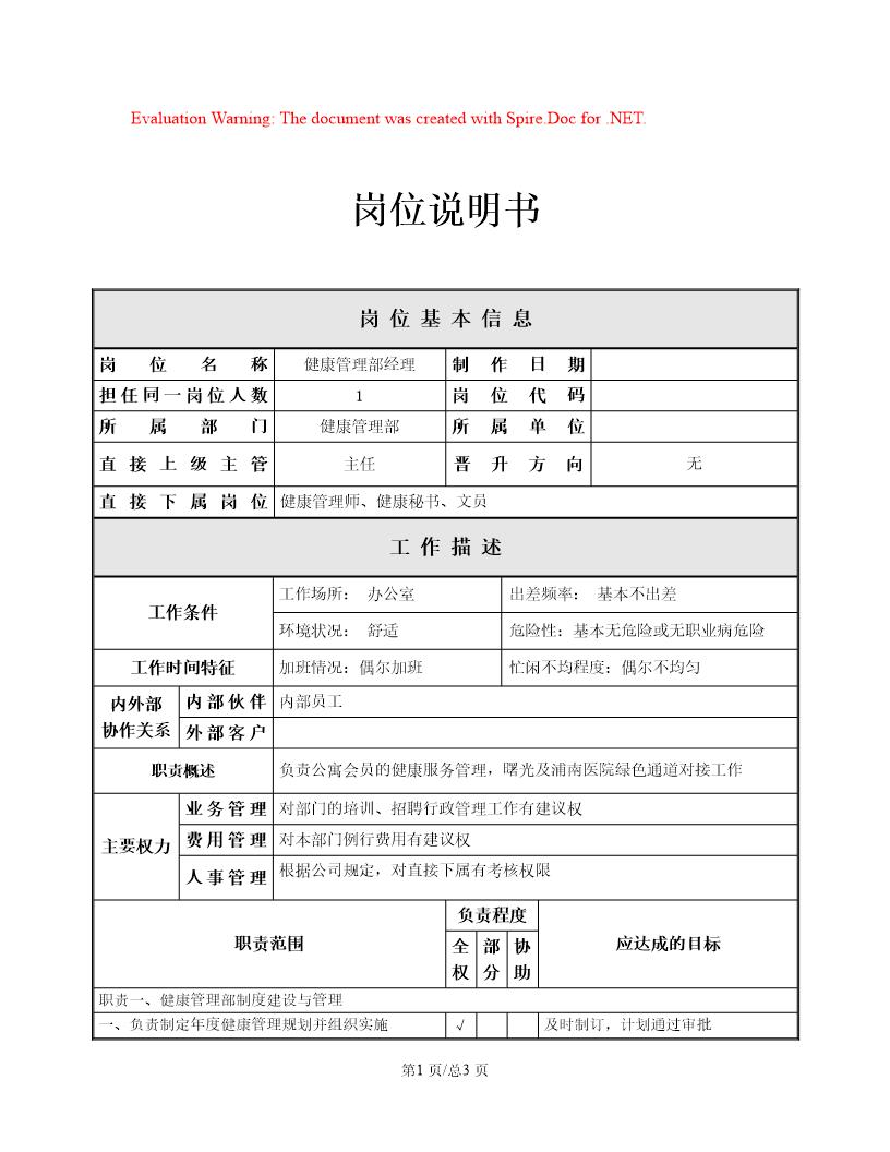 养老院健康管理部经理职责