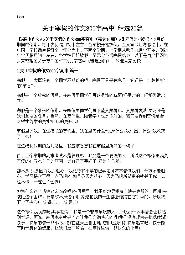 关于寒假的作文800字高中20篇